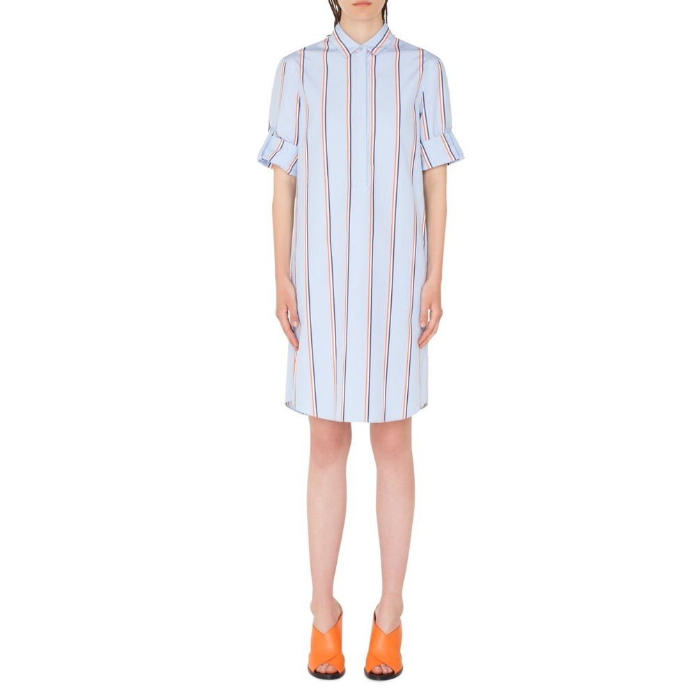 Akris Punto Stripe Cotton Shirtdress Women 12 EUC Pockets‎ Collared Short Sleeve
